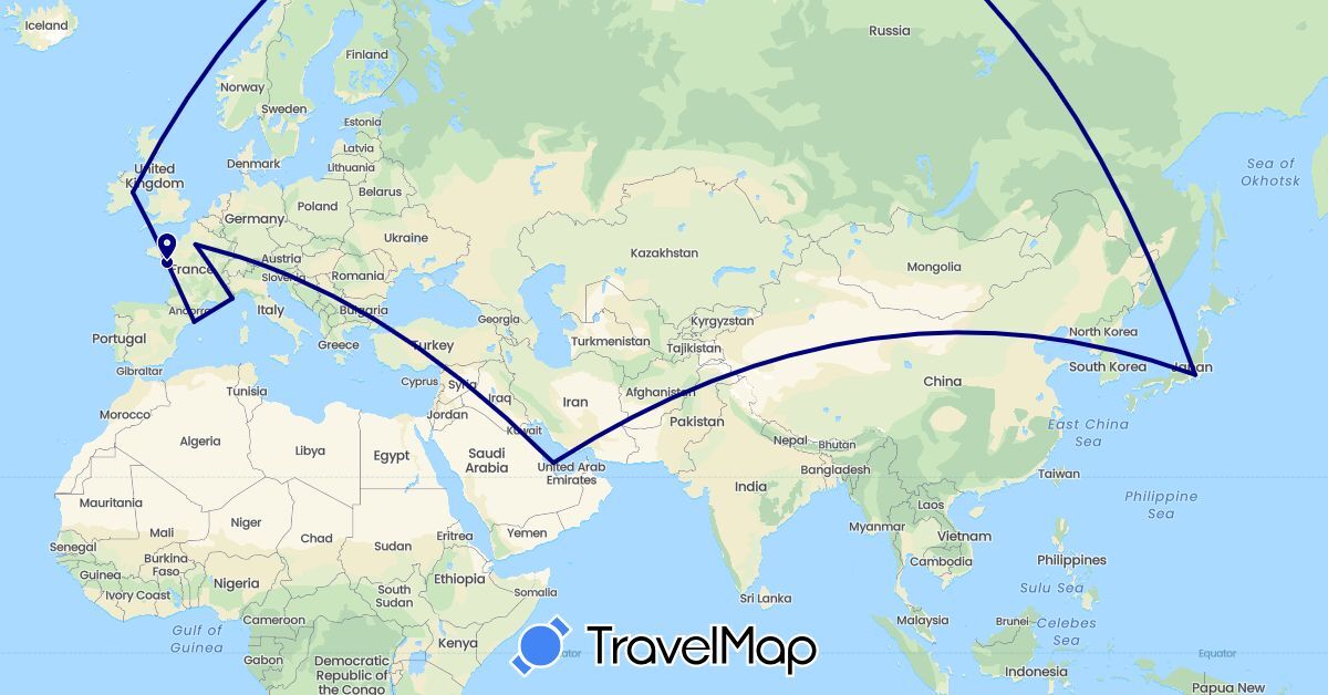 TravelMap itinerary: driving in Spain, France, Ireland, Japan, Monaco, Qatar (Asia, Europe)